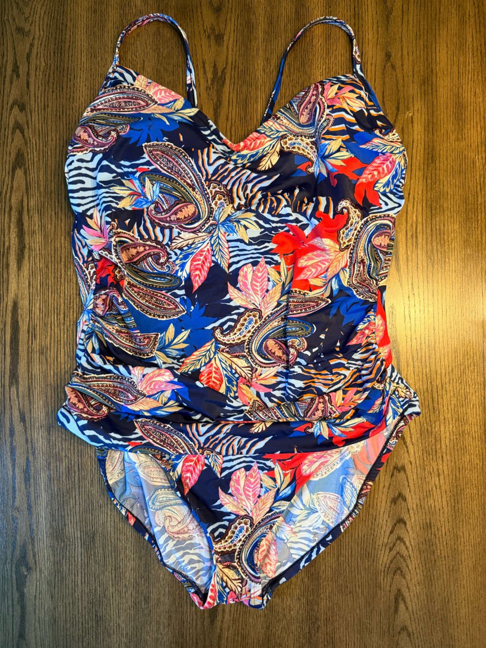 Aqua Green Navy Paisley Floral One-Piece Swimsuit